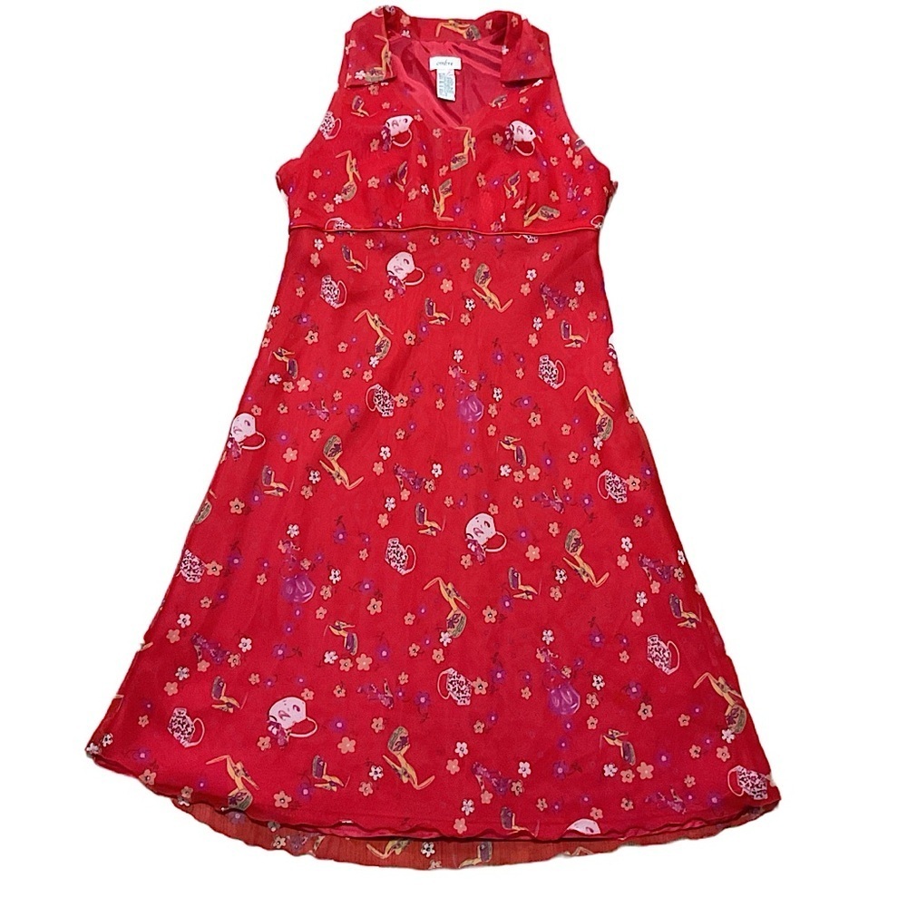 Vintage Red Sleeveless Dress Floral collar Vneck feminine heel purse pattern - Picture 6 of 11